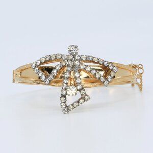 Vintage MCM Gold Tone Rhinestone Draped Bow Hinged Bracelet 1940s